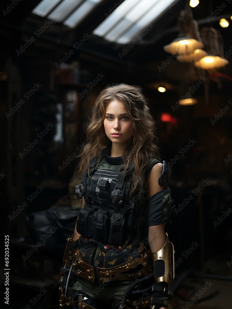 Beautiful young girl in full length military uniform with weapon in hands