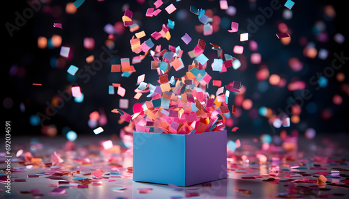 Package decoration with surprise gift box, magic open, and confetti explosion, © NE97