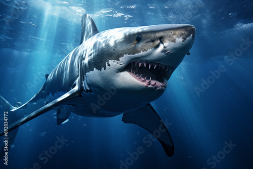 Shark in deep blue ocean generative ai. © allasimacheva