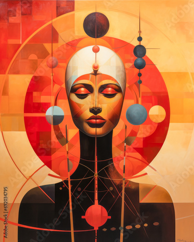 Indian woman connecting in harmony with the cosmos. Cosmic meditation abstract art concept.