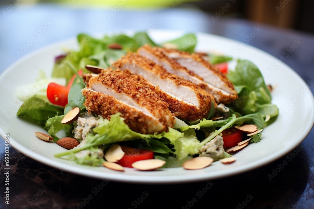 Almond Crusted Chicken Salad: Healthy Salad with Breaded Chicken Over Greens Almond Crusted Chicken Salad: Healthy Salad with Breaded Chicken Over Greens