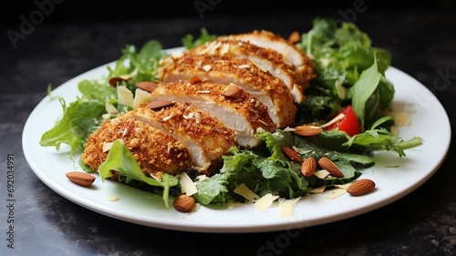 Almond Crusted Chicken Salad: Healthy Salad with Breaded Chicken Over Greens