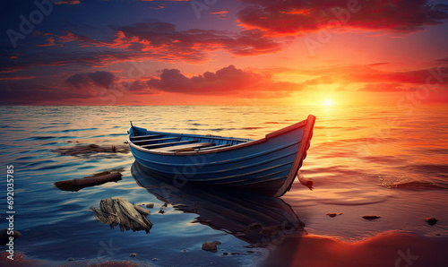 a boat is sitting on water of the ocean at sunset