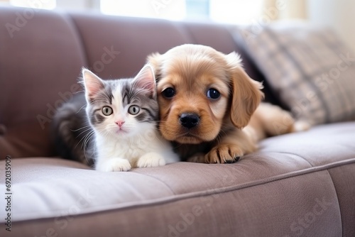 Cute little kitten cat and cute puppy dog together at home on the couch