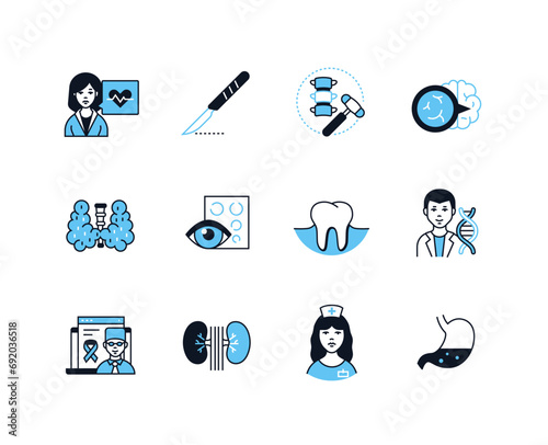 Internal organs and treatment - line design style icons set