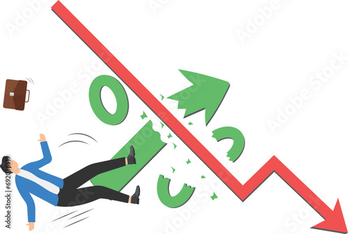 Inflation remains high while interest rates hike, economic recession, hyperinflation concept, Businessman falling from broken percentage sign rocket after colliding with downtrend graph.

 photo