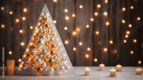 Illuminated Christmas Tree on Wooden Background