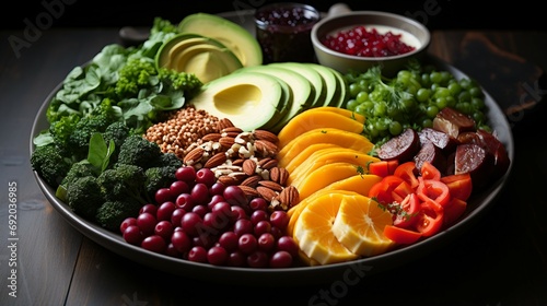 A balanced plate of food with lean proteins whole. AI generate illustration