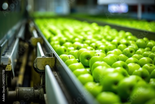 Fresh green apples on the conveyor belt