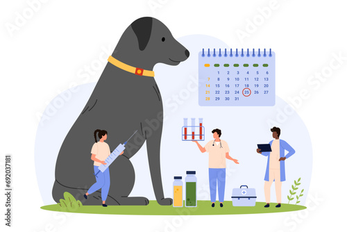Dog on vet checkup for vaccine injection per vaccination calendar. Tiny people with syringe vaccinate giant sitting puppy with collar, treatment at veterinary hospital cartoon vector illustration photo