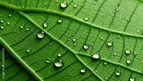 Water drops on green leaf macro background.