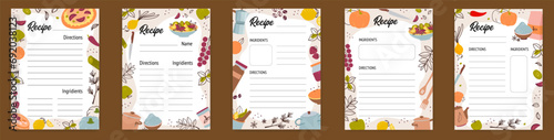Recipe cards. Culinary book blank pages with doodle kitchen tools vector set photo