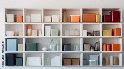 a row of neatly arranged storage boxes and containers on a clean white background. © Ahmad