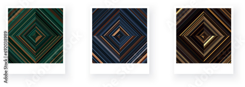 Variants of paper card with square checkered striped geometric patterns. Thin green, blue, brown stripes.