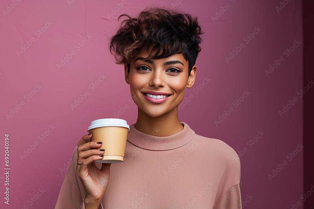 Young charming smiling woman with short brunette dyed haircut with cardboard coffee cup on pink background Young charming smiling woman with short brunette dyed haircut with cardboard coffee cup on pink background