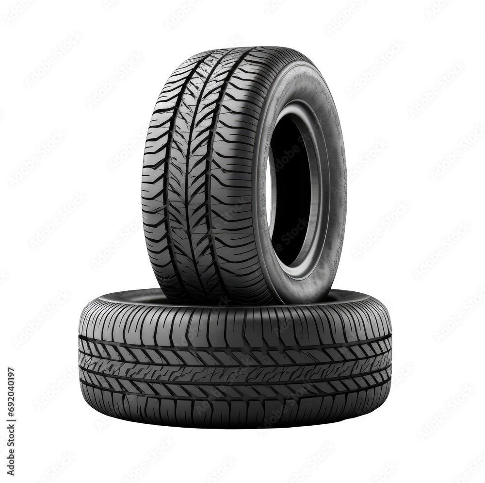 Two car tires on a cut out PNG transparent background. Tires stacked on each other