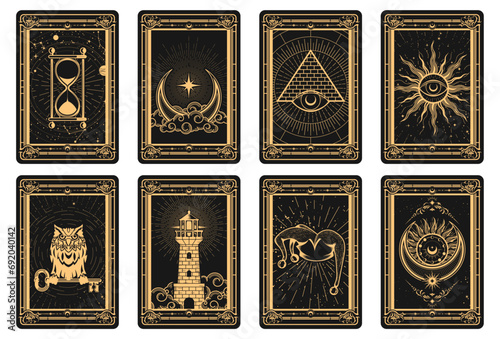 Tarot cards batch reverse side, magic frame with esoteric and mystic symbols, sun and lighthouse, moon and pyramid sorcery, vector photo