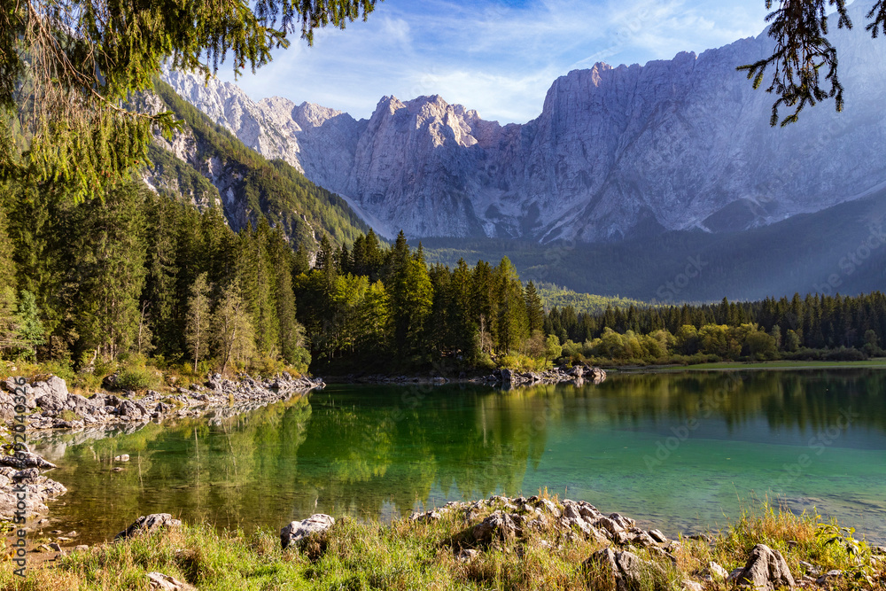 Mountains and forest at Lago di Fusine in Italy