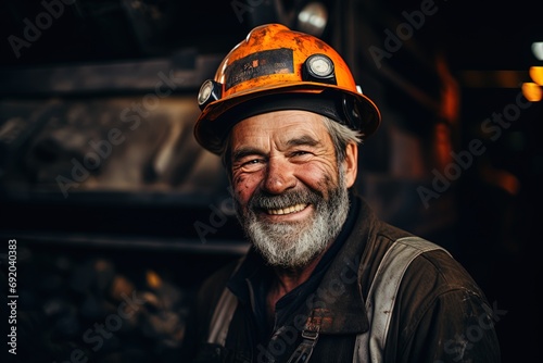 Portrait of a smiling old gray haired coal mine worker on a blurred background of the work area