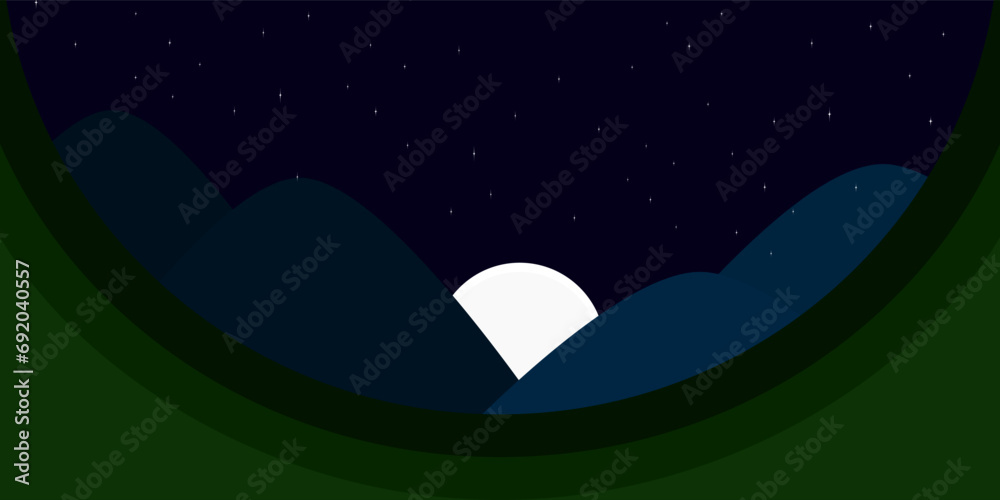 Obraz premium Night forests background. Vector illustration, A green frame like a tree in a forest, deep colors, blue mountains, white moonlight, stars.