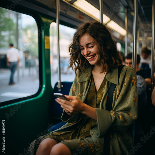 Woman on a bus watching her phone and laughing