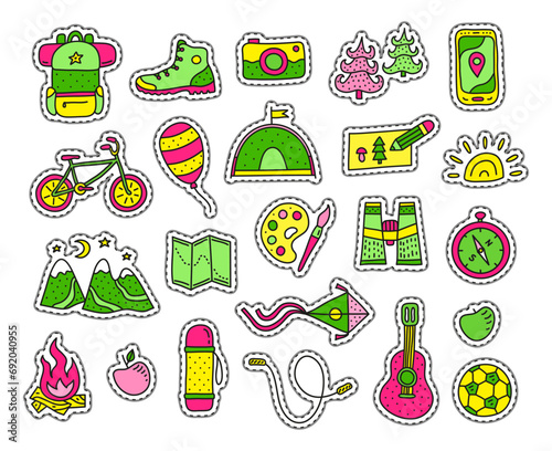 Set of kids camp, outdoor stickers.