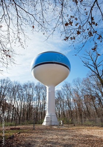Blue and White Bulb Shaped Water Tower photo