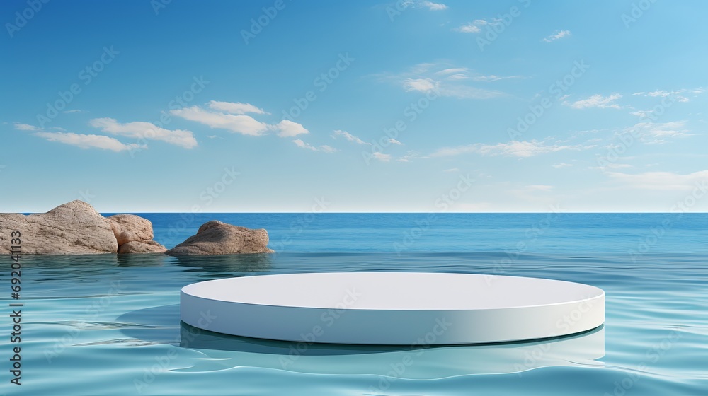 3d render round platform on water and sand with glass wall panels. Minimal landscape mockup for product showcase banner in blue colors. Modern promotion mock up. Geometric background with empty space