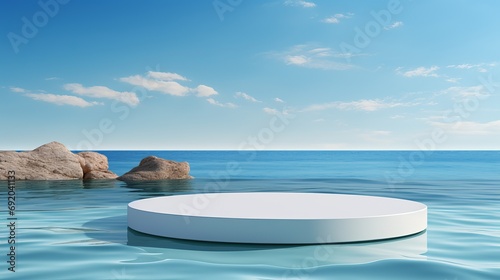 3d render round platform on water and sand with glass wall panels. Minimal landscape mockup for product showcase banner in blue colors. Modern promotion mock up. Geometric background with empty space