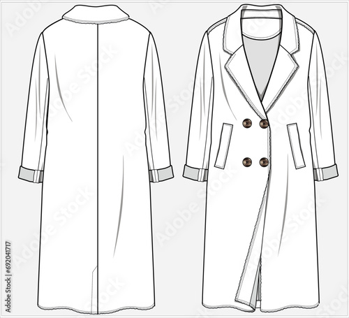 DOUBLE BREASTED LONG TRENCH ROBE COAT WITH WELT POCKET DETAIL DESIGNED FOR WOMEN IN VECTOR ILLUSTRATION  photo