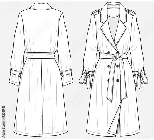 DOUBLE BREASTED LONG TRENCH ROBE COAT WITH NOTCH LAPEL AND SELF TIE UP BELT DETAIL DESIGNED FOR WOMEN IN VECTOR ILLUSTRATION  photo