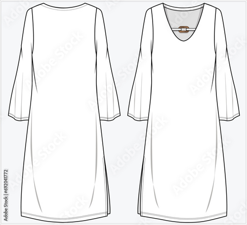 LONG SLEEVES SHEATH DRESS WITH TRIM ON V NECKLINE DETAIL DESIGNED FOR WOMEN  AND YOUNG WOMEN IN VECTOR ILLUSTRATION 