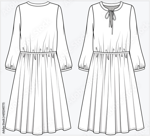 LONG SLEEVES DRESS WITH FRONT TIE UP COLLAR DETAIL DESIGNED FOR WOMEN AND YOUNG WOMEN IN VECTOR ILLUSTRATION 