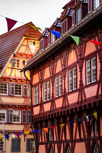 Part of medieval construction with rose building on Christmas market in Germany