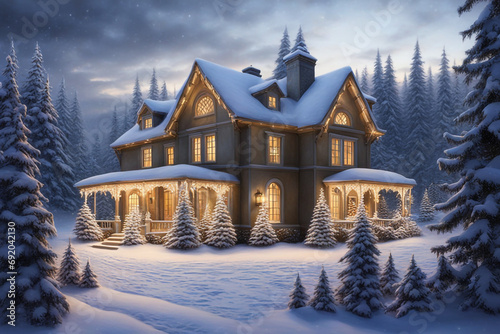 house in the snowy forest in winter, christmas celebration