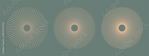 Radial circle lines. Circular lines elements. Symbol of Sun star rays. Peach Fuzz snowflake. Flat design element. Abstract illusion geometric shape. Spokes with radiating stripes. Vector graphic. Eps. photo