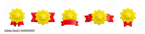Vector cartoon 3d medal with star and red ribbons realistic icon set. Trendy gold round starburst shape award, abstract winner sign. 3d render metallic quality warranty certificate badges collection