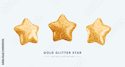 Vector 3d gold glitter textured star icons set. Cute realistic cartoon star projections 3d render, glossy sparkling star Illustration for customer rating concept, xmas decoration, game design, app