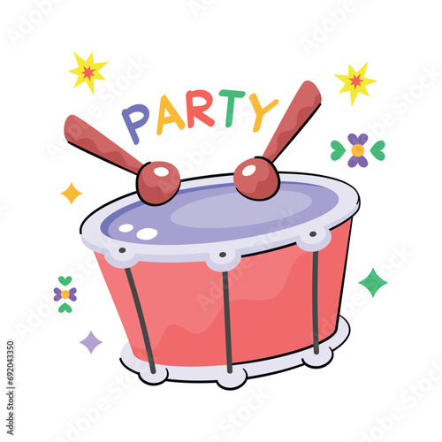 Bass drum with rattles showing concept icon of new year party celebration flat sticker