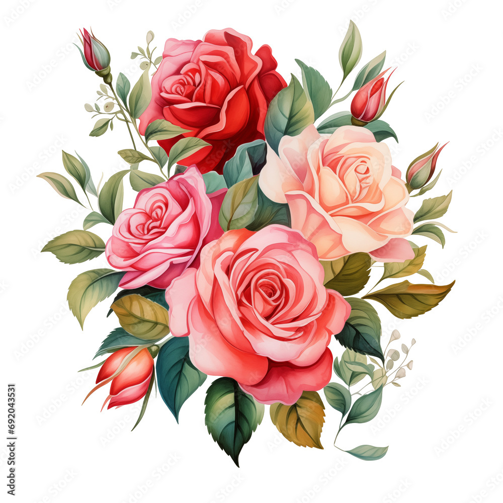 Bouquet of roses on die-cut background watercolor style