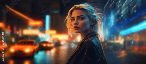 Young woman, beauty with an intense look, on dowtown city street neon lights at night, expressive portrait with dramatic lighting photo