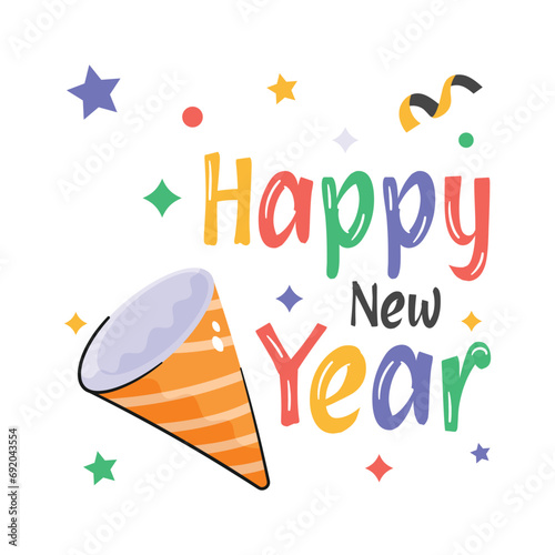 Happy new year party popper flat sticker design isolated on white background