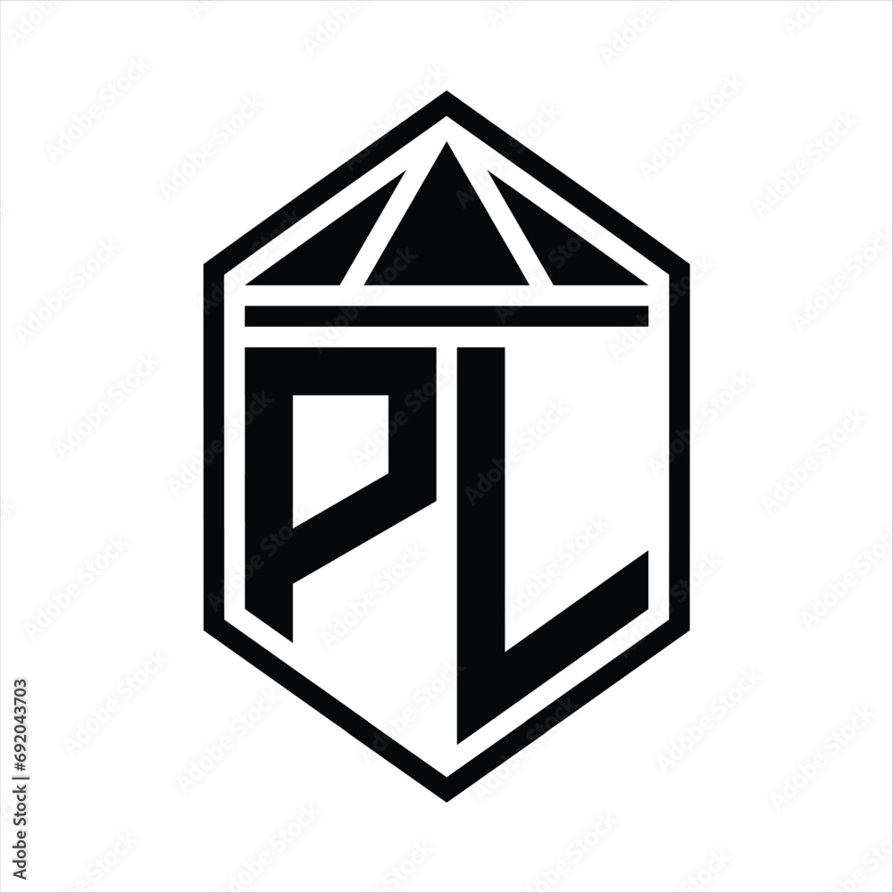 PL Letter Logo monogram simple hexagon shield shape with triangle crown isolated style design PL Letter Logo monogram simple hexagon shield shape with triangle crown isolated style design