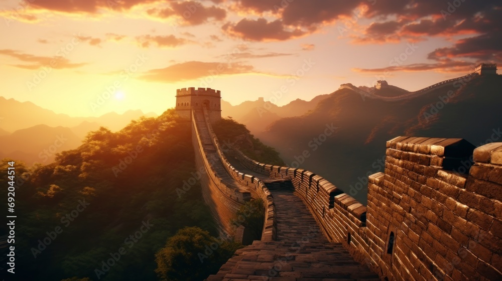 great wall passing through green mountains on a sunny day - obrazy, fototapety, plakaty 