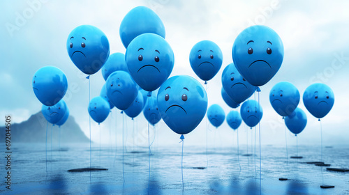A lot of blue balloons with sad faces, depressed and melancholic, flying in the rainy sky. Monochrome background with clouds. A gloomy morning, Blue Monday, sadness and unhappiness concept. Banner photo