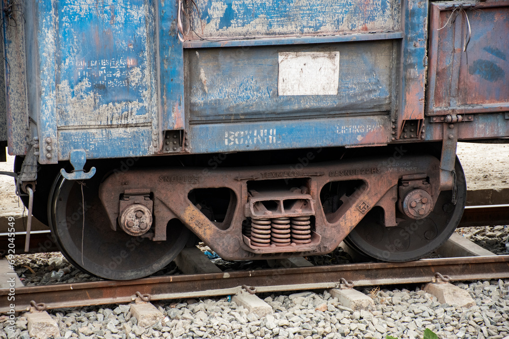 3rd December, 2023, Singapore Road, Orisa, India: A closeup view of the wheels of a train 3rd December, 2023, Singapore Road, Orisa, India: A closeup view of the wheels of a train