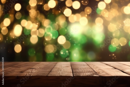 Patrick Day background with empty wooden table top and blurred green garland for design. Festive abstract pattern.