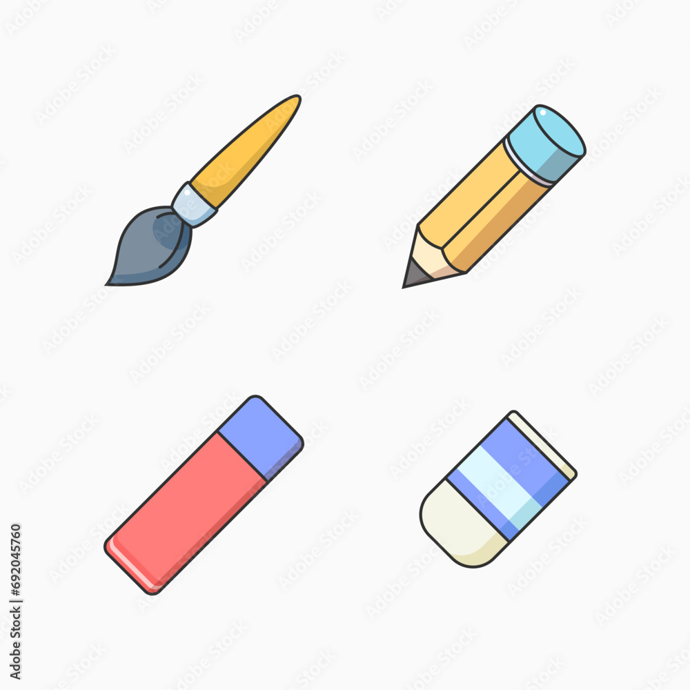 A paint brush, pencil, pen eraser and pencil eraser. Vector Illustration A paint brush, pencil, pen eraser and pencil eraser. Vector Illustration