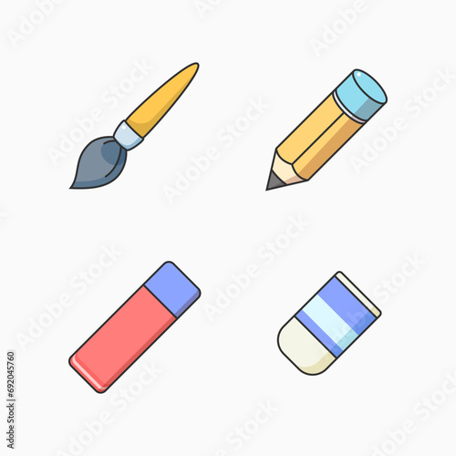 A paint brush, pencil, pen eraser and pencil eraser. Vector Illustration