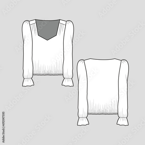 fashion Gathering top fancy neck shoulder pleat detail long puff sleeve ruffle elastic gathering  hem  t shirt fashion  top blouse clothing flat sketch technical drawing template design vector